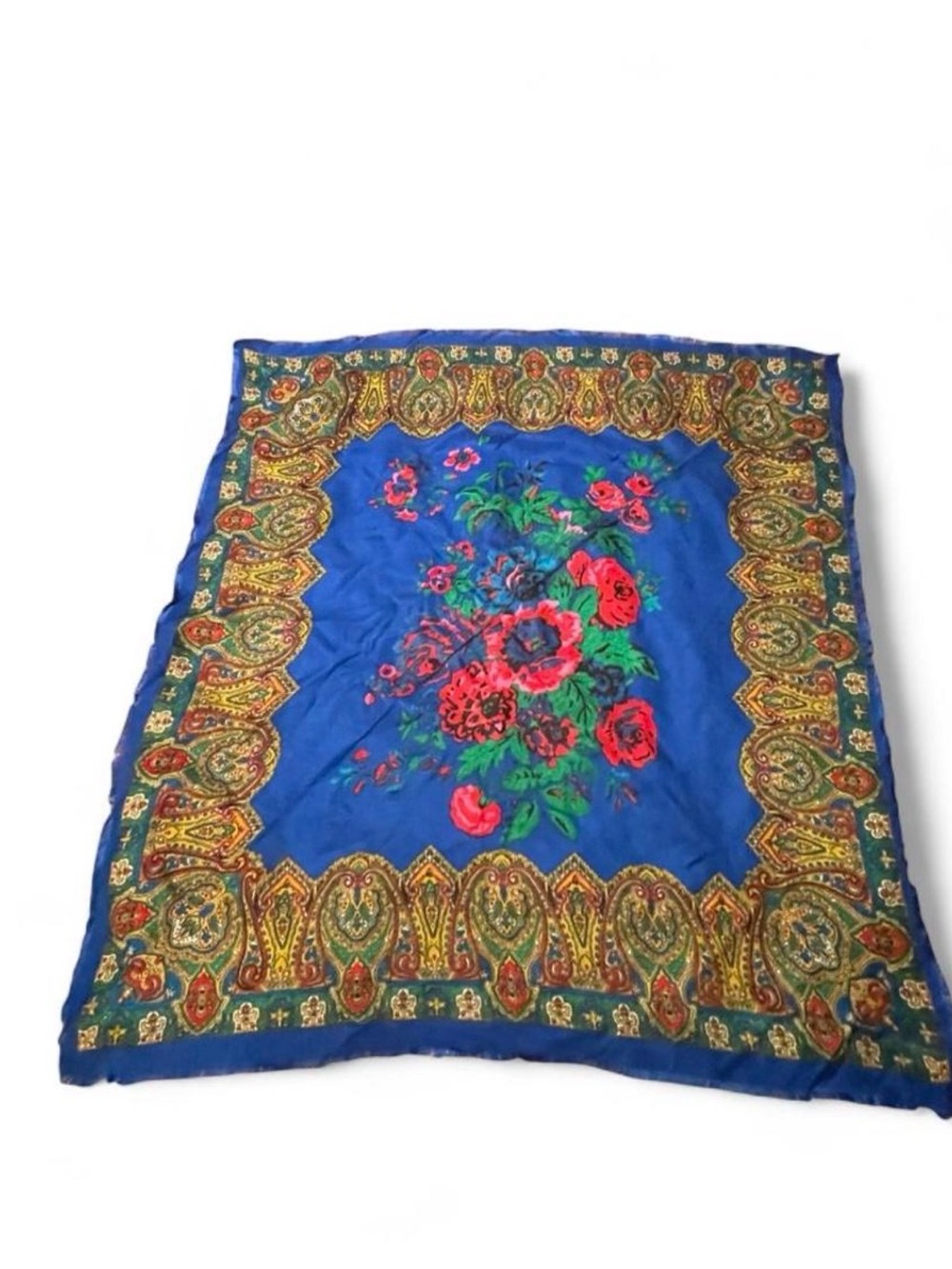 Vintage Pavlovo Posad Russian Wool Shawl Scarf Blue Paisley Floral